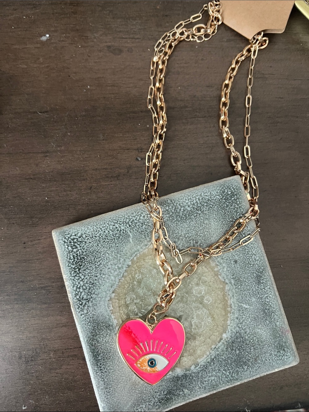 Gold-Tone Double Chain Necklace with Heart evil Eye Pendant y2k